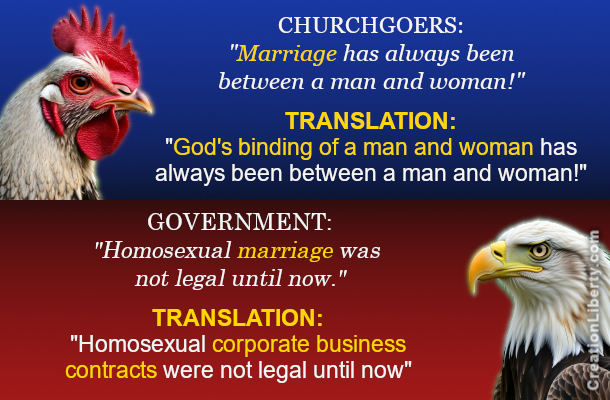 Churchgoers say: God's binding of a man and woman has always been between a man and woman! - Government says: Homosexual corporate business contracts were not legal until now.