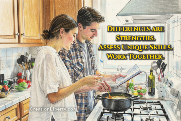 Every couple will be different. Differences are strengths. Assess your unique skills. Learn to work together.